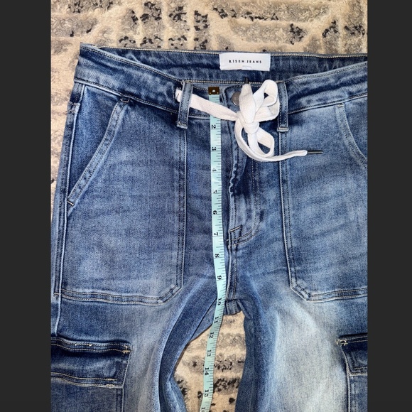 Risen Jeans Women Size 5 / 27 Wide Leg Medium Blue Cargo Large Pockets - Picture 10 of 12